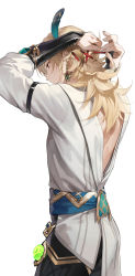 Rule 34 | 1boy, arm armor, arms up, back, bare back, belt, black pants, blonde hair, blue belt, closed mouth, cross, cross hair ornament, earrings, feather hair ornament, feathers, fingernails, gem, genshin impact, green gemstone, hair between eyes, hair ornament, hairpin, hands up, highres, jewelry, juliet sleeves, kaveh (genshin impact), long sleeves, looking to the side, male focus, masa ashe, medium hair, pants, ponytail, puffy long sleeves, puffy sleeves, red eyes, shirt, simple background, solo, standing, vision (genshin impact), white background, white shirt