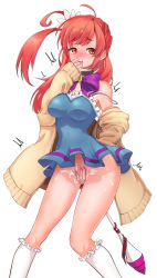 Rule 34 | 1girl, ahoge, black choker, blue dress, blush, bow, bowtie, breasts, brown cardigan, cardigan, choker, contrapposto, covering crotch, covering own mouth, covering privates, cum, cum in mouth, cum on body, cum on lower body, dress, eleszaykr, female masturbation, finger in own mouth, frilled dress, frilled socks, frills, hair ornament, hand over own mouth, highres, implied object insertion, kneehighs, last origin, long hair, long sleeves, looking at viewer, magical momo, mahou shoujo magical momo, masturbation, medium breasts, microdress, no panties, nose blush, off shoulder, one side up, open cardigan, open clothes, open mouth, orgasm, purple bow, red eyes, red hair, saliva, simple background, single bare shoulder, sleeves past wrists, socks, solo, spaghetti strap, staff, standing, strap slip, sweat, swept bangs, trembling, white background, white socks, wince