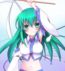 1girl arm_up armpits bad_id bad_pixiv_id blush breasts detached_sleeves female_focus gohei green_eyes green_hair kochiya_sanae long_hair matching_hair/eyes medium_breasts midriff navel nekosugi_(hoshi) nekosugi_(hoshi) oonusa solo touhou upper_body