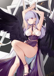Rule 34 | 1girl, absurdres, armpits, azur lane, black feathers, breasts, cleavage, criss-cross halter, dido (anxious bisque doll) (azur lane), dido (azur lane), dress, dress straps, feathered wings, feathers, flyyao, hairband, halter dress, halterneck, headband, high heels, highres, large breasts, large wings, long dress, long hair, looking at viewer, official alternate costume, pelvic curtain, purple dress, purple eyes, purple footwear, purple hair, purple hairband, purple headband, shoes, solo, stiletto heels, wings