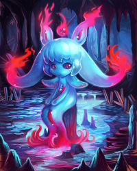 Rule 34 | 1girl, black sclera, cave, colored sclera, female focus, fire, magic, monster girl, original, red eyes, sitting, slime girl, solo, tagme, water, yilx