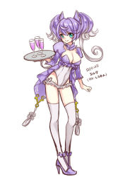 Rule 34 | 1girl, alternate color, aqua eyes, audino, breasts, carrying, champagne flute, creatures (company), cup, drink, drinking glass, female focus, full body, game freak, gen 5 pokemon, high heels, holding, kasuka108, large breasts, liquid, looking at viewer, nintendo, personification, pokemon, purple hair, shiny pokemon, simple background, smile, solo, standing, tassel, thighhighs, tray, twintails, white background, white thighhighs