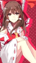 Rule 34 | 1girl, aosaki yukina, bad id, bad twitter id, bow, brown eyes, brown hair, hair bow, hakurei reimu, japanese clothes, long hair, looking at viewer, miko, parted lips, sitting, smile, solo, touhou