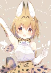 Rule 34 | 10s, 1girl, :d, animal ears, arm up, armpits, bare shoulders, belt, blush, bow, bowtie, breasts, brown background, cat ears, cat tail, clenched hand, copyright name, cross-laced clothes, elbow gloves, gloves, heart, high-waist skirt, kemono friends, light brown hair, looking at viewer, medium breasts, open mouth, print bow, print gloves, print skirt, serval (kemono friends), serval print, serval tail, shiny skin, shiratama (shiratamaco), shirt, short hair, skirt, sleeveless, smile, solo, tail, tareme, triangle, upper body, white shirt, yellow eyes