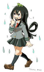 Rule 34 | 1girl, absurdres, arm at side, arm up, asui tsuyu, black eyes, black socks, blush, boku no hero academia, brown footwear, buttons, character name, fingernails, frog, frog on head, full body, green skirt, grey shirt, hair between eyes, hair rings, hand to own mouth, highres, kneehighs, loafers, long hair, long sleeves, looking up, low-tied long hair, manmi, nail polish, necktie, nervous, pink nails, pleated skirt, red necktie, school uniform, shirt, shoes, skirt, socks, solo, u.a. school uniform, very long hair, walking, water drop