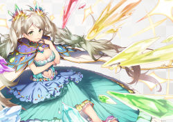 Rule 34 | 10s, 1girl, bad id, bad pixiv id, breast hold, breasts, cleavage, clothing cutout, crystal, de la fille, dress, female focus, gem, granblue fantasy, green eyes, green hair, hair ornament, heart, heart cutout, image sample, jewelry, long hair, matching hair/eyes, navel, navel cutout, open m/, ring, shiyun, smile, solo, twintails, very long hair