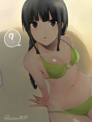 Rule 34 | 10s, 1girl, :o, ?, arm support, bare arms, bare shoulders, beach, bikini, black eyes, black hair, braid, breasts, cleavage, collarbone, curvy, green bikini, highres, kantai collection, kantai collection (anime), kitakami (kancolle), looking at viewer, low twintails, navel, o-ring, o-ring bikini, o-ring top, outdoors, parted lips, sakiryo kanna, sand, shade, short hair, single braid, sitting, small breasts, solo, speech bubble, spoken question mark, stomach, swimsuit, twintails