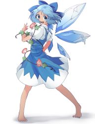 Rule 34 | &gt;:d, 1girl, :d, barefoot, blue bow, blue dress, blue eyes, blue hair, bow, cirno, dress, eyebrows, feet, flower, hair bow, hidden star in four seasons, highres, ice, ice wings, leaf, looking at viewer, nekoperon, open mouth, plant, smile, solo, tan, tanned cirno, teeth, toes, touhou, v-shaped eyebrows, vines, wings
