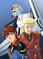 Rule 34 | 1boy, amuro ray, birthday, blonde hair, blue eyes, brown hair, char&#039;s counterattack, char aznable, commentary request, curly hair, fin funnels, green eyes, gundam, highres, looking at viewer, mecha, mobile suit, nu gundam, robot, shield, short hair, signature, tokita kouichi, uniform, v-fin