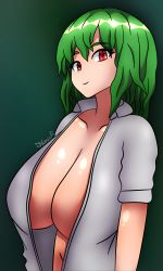 Rule 34 | 1girl, absurdres, breasts, collarbone, eyelashes, gradient background, green hair, highres, kazami yuuka, large breasts, looking at viewer, nuevii, open clothes, open shirt, red eyes, revealing clothes, shirt, short sleeves, smile, solo, touhou, white shirt