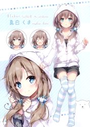 Rule 34 | 1girl, absurdres, animal hood, bear hood, black shirt, black shorts, blue background, blue eyes, blue thighhighs, blush, breasts, brown hair, character name, cleavage, collarbone, diagonal stripes, drawstring, expressions, full body, hair between eyes, hair over shoulder, hands up, head tilt, highres, hood, hooded jacket, jacket, long hair, long sleeves, looking at viewer, low twintails, mashiro kuma, mashiro kuma channel, medium breasts, mochizuki shiina, multiple views, no shoes, o o, open mouth, parted lips, partially unzipped, pom pom (clothes), scan, shirt, short shorts, shorts, smile, spaghetti strap, striped background, striped clothes, striped thighhighs, tears, thighhighs, thighs, translation request, twintails, two-tone background, virtual youtuber, white background, white jacket, white thighhighs