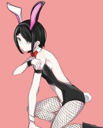 Rule 34 | 1girl, alternate costume, animal ears, armband, backless leotard, bare shoulders, black leotard, bow, bowtie, brown hair, closed mouth, danganronpa: trigger happy havoc, danganronpa (series), detached collar, expressionless, fake animal ears, fake tail, fishnet pantyhose, fishnets, from side, hand up, highres, ikusaba mukuro, leotard, pantyhose, pink background, playboy bunny, rabbit ears, rabbit tail, red bow, red bowtie, shoes, short hair, simple background, solo, tail, zui nianshao