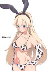 Rule 34 | 1girl, absurdres, animal print, bikini, black hairband, blonde hair, breasts, collarbone, cow print, cowboy shot, gloves, grey eyes, hairband, hand on own hip, highres, kantai collection, kirchoff, long hair, looking at viewer, navel, one-hour drawing challenge, shimakaze (kancolle), simple background, small breasts, solo, standing, swimsuit, twitter username, white background, white bikini, white gloves