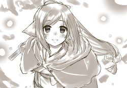 Rule 34 | 1girl, absurdly long hair, absurdres, animal ears, aquaplus, blush, breasts, dress, eyes visible through hair, from above, greyscale, hair over one eye, hand fan, high ponytail, highres, holding, holding fan, holding weapon, hood, hood down, kuon (utawarerumono), long hair, looking at viewer, low-tied long hair, monochrome, nike abc, outdoors, ponytail, raised eyebrows, sidelocks, small breasts, snow, snowing, solo, swept bangs, utawarerumono, utawarerumono: itsuwari no kamen, very long hair, weapon