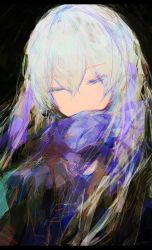 Rule 34 | 1girl, abstract, black background, blue scarf, closed eyes, eyes visible through hair, folded fan, folding fan, hair between eyes, hand fan, labombardier!, long hair, original, scarf, simple background, sketch, smile, solo, upper body, white hair