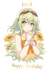 Rule 34 | 1girl, bare shoulders, birthday, blush, bobo (6630978), chinese commentary, commentary request, cropped torso, eyewear on head, flower, goggles, green eyes, green hair, gumi, happy birthday, happy tears, highres, leaf, looking to the side, nail polish, orange shirt, own hands clasped, own hands together, plant, red-tinted eyewear, shirt, short hair, short hair with long locks, sidelocks, sleeveless, sleeveless shirt, smile, solo, sunflower, tears, tinted eyewear, upper body, vocaloid, white background, wrist cuffs