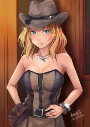 Rule 34 | 10s, 1girl, alternate costume, artist name, belt, blonde hair, blue eyes, bracelet, breasts, cleavage, commentary request, cowboy hat, girls und panzer, hair intakes, haruhata mutsuki, hat, highres, holster, jewelry, kay (girls und panzer), long hair, medium breasts, necklace, parted lips, signature, solo, strapless, twitter username, upper body