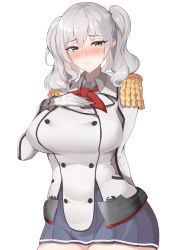Rule 34 | 1girl, absurdres, black skirt, breasts, buttons, epaulettes, frilled sleeves, frills, gloves, grey eyes, hair between eyes, hand on own chest, highres, jacket, kantai collection, kashima (kancolle), kerchief, large breasts, long sleeves, military, military jacket, military uniform, miniskirt, neckerchief, no headwear, no headwear, pleated skirt, red neckerchief, simple background, sing152, skirt, solo, twintails, uniform, wavy hair, white background, white gloves, white jacket