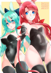 Rule 34 | 2girls, absurdres, alternate costume, animal ears, black bow, black gloves, black legwear, black leotard, blue eyes, blush, bow, bowtie, breasts, character name, copyright name, covered navel, dated, elbow gloves, fake animal ears, fingerless gloves, gloves, green hair, green neckwear, grin, hair between eyes, hair bow, hair ornament, hair ribbon, hairclip, highres, kantai collection, kawakaze (kancolle), leotard, long hair, looking at viewer, low twintails, medium breasts, multiple girls, parted lips, playboy bunny, ponytail, rabbit ears, red hair, red neckwear, red ribbon, ribbon, simple background, small breasts, smile, thighhighs, twintails, very long hair, yamakaze (kancolle), yellow background, yoshiki (bpmaxm)