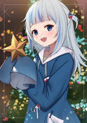 Rule 34 | 1girl, :d, blue eyes, blue hair, blue hoodie, blush, christmas, christmas ornaments, christmas tree, commentary, drawstring, eyebrows hidden by hair, gawr gura, gawr gura (1st costume), grey hair, hair ornament, hands up, highres, holding, hololive, hololive english, hood, hood down, hoodie, long hair, multicolored hair, open mouth, sharp teeth, smile, solo, streaked hair, teeth, two side up, uneg, virtual youtuber