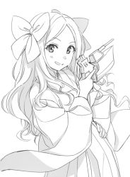 Rule 34 | 1girl, asakaze (kancolle), bow, greyscale, gun, hair bow, hair ornament, hand on own hip, kantai collection, kinosuke (sositeimanoga), long hair, looking at viewer, monochrome, smile, solo, standing, weapon, white background