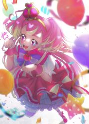 Rule 34 | 1girl, absurdres, balloon, blonde hair, boots, bow, brooch, crown, cure wonderful, dress, dress bow, earrings, fang, heart, heart brooch, highres, inukai komugi, jewelry, leg up, long hair, looking at viewer, magical girl, minccino7, mini crown, multicolored hair, open mouth, pantyhose, paw pose, paw print, petticoat, pink dress, pink footwear, pink hair, precure, puffy short sleeves, puffy sleeves, purple bow, purple eyes, short dress, short sleeves, smile, solo, standing, standing on one leg, star (symbol), striped clothes, striped pantyhose, tilted headwear, two-tone hair, two side up, very long hair, wonderful precure!, wrist cuffs