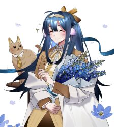 Rule 34 | 1girl, ^ ^, arknights, astgenne (arknights), astgenne (her aspiration) (arknights), avi (baltika seven), blue flower, blue hair, blush, bouquet, brown hairband, brown jacket, cat, closed eyes, coat, flower, hair ribbon, hairband, highres, holding, holding bouquet, jacket, layered sleeves, long hair, long sleeves, necktie, off shoulder, official alternate costume, open clothes, open coat, ribbon, shirt, simple background, smile, solo, upper body, white background, white coat, white shirt, yellow necktie, yellow ribbon