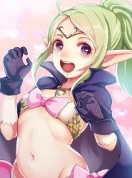 Rule 34 | 1girl, :d, ahoge, black cape, black gloves, blush, bow, cape, circlet, fire emblem, fire emblem awakening, flat chest, gem, gloves, groin, hands up, heart, heart background, kokouno oyazi, long hair, looking at viewer, navel, nintendo, nowi (fire emblem), open mouth, parted bangs, pink bow, pointy ears, ponytail, purple eyes, round teeth, scales, shiny skin, smile, solo, stomach, tareme, teeth, upper body