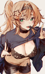 Rule 34 | 1girl, absurdres, black bra, black collar, black hairband, black jacket, black nails, black shirt, black shorts, blonde hair, bra, breasts, clothes lift, clothes pull, collar, condom, condom in mouth, dokibird (vtuber), green eyes, hair intakes, hairband, heart, heart in eye, highres, indie virtual youtuber, jacket, large breasts, leaning forward, long hair, long sleeves, looking at viewer, mouth hold, naokomama, navel, no panties, open clothes, open jacket, sex toy, shirt, shirt lift, short shorts, shorts, shorts pull, side ponytail, simple background, solo, stomach, symbol in eye, underwear, vibrator, virtual youtuber, white background