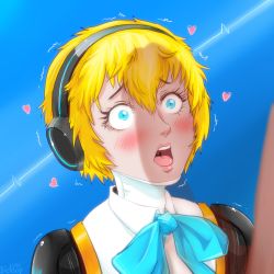 Rule 34 | 1boy, 1girl, :o, aegis (persona), alternate costume, bishopbb, blonde hair, blue eyes, blurry, blurry foreground, blush, colorized, drawfag, erection, heart, highres, imminent fellatio, looking at penis, open mouth, penis, penis awe, penis peek, penis shadow, persona, persona 3, shadow, shin megami tensei, short hair, solo focus, surprised, trembling