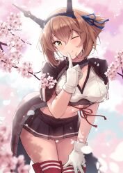Rule 34 | 1girl, absurdres, black skirt, blush, breasts, brown hair, capelet, cherry blossoms, cleavage, collar, crescent, crescent pin, day, flipped hair, gloves, green eyes, hairband, headgear, highres, k jie, kantai collection, large breasts, looking at viewer, metal collar, midriff, mutsu (kancolle), mutsu kai ni (kancolle), one eye closed, outdoors, petals, pleated skirt, radio antenna, red thighhighs, sakuramon, short hair, skirt, smile, solo, striped clothes, striped skirt, thighhighs, white gloves