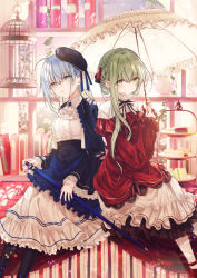 Rule 34 | 2girls, ahoge, beret, birdcage, black headwear, black legwear, blue hair, blue nails, blush, book, braid, cage, cake, cane, cecilia (shiro seijo to kuro bokushi), closed mouth, commentary request, crown braid, cup, dress, food, frilled skirt, frilled umbrella, frills, green eyes, green hair, hair between eyes, hat, holding, holding cane, holding umbrella, kazutake hazano, long hair, looking at viewer, multiple girls, nail polish, pantyhose, parted lips, red dress, red footwear, red nails, sandwich, saucer, shiro seijo to kuro bokushi, shoes, skirt, strawberry shortcake, teacup, teapot, tiered tray, tilted headwear, umbrella, very long hair, white dress, white legwear, white skirt, white umbrella