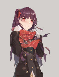 Rule 34 | 1girl, bad id, bad pixiv id, belt buckle, black coat, blush, breasts, buckle, closed mouth, coat, enpera, girls&#039; frontline, gloves, grey background, hair ornament, hair ribbon, half-closed eyes, highres, holding, holding clothes, holding scarf, jewelry, jiachong jun z, long hair, long sleeves, looking at viewer, medium breasts, miniskirt, necktie, official alternate costume, open clothes, overcoat, plaid, plaid skirt, pleated skirt, purple hair, red eyes, red necktie, red ribbon, red scarf, ribbon, ring, scarf, school uniform, serafuku, shirt, side ponytail, simple background, skirt, snowflake hair ornament, snowflake print, solo, tsurime, very long hair, wa2000 (date in the snow) (girls&#039; frontline), wa2000 (girls&#039; frontline), wedding band, white gloves, white shirt, winter clothes, winter coat
