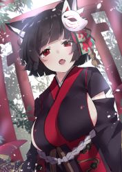 Rule 34 | 1girl, :o, absurdres, animal ear fluff, animal ears, azur lane, black kimono, blunt bangs, breasts, cat ears, cat mask, commentary request, cotton kanzaki, fang, highres, japanese clothes, kimono, large breasts, looking at viewer, mask, mask on head, outdoors, red eyes, revision, short hair, sideboob, solo, torii, yamashiro (azur lane)