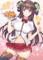 Rule 34 | boots, bow, bowtie, breasts, brown hair, cabbage, chinese clothes, clothes lift, crash fever, green eyes, hair rings, hairband, long hair, musical note, plate, pleated skirt, shirt, simple background, skewer, skirt, skirt lift, sparkle, speech bubble, stinky tofu, tenjou tsuki, thighhighs, zettai ryouiki
