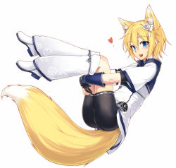 Rule 34 | 1girl, :d, animal ears, bike shorts, black gloves, blonde hair, blue eyes, blush, flower, fox ears, fox tail, gloves, hair flower, hair ornament, hamano ikusa, heart, iris (ryou@ryou), knees together feet apart, looking at viewer, open mouth, original, phantasy star, phantasy star online 2, ryou@ryou, short hair, simple background, smile, solo, tail, white background