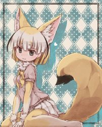 Rule 34 | 10s, 1girl, :3, afterimage, animal ears, arched back, argyle, argyle background, argyle clothes, barefoot, between legs, black hair, blonde hair, blouse, blunt bangs, blunt ends, bob cut, breasts, commentary request, extra ears, fennec (kemono friends), fox ears, fox tail, framed, from side, fur, fur collar, green background, grey eyes, hand between legs, heart, highres, kemono friends, kolshica, looking at viewer, medium breasts, multicolored hair, neck ribbon, pink shirt, plaid, plaid skirt, polka dot, polka dot background, ribbon, shirt, short hair, short sleeves, sitting, skirt, solo, streaked hair, tail, wariza, white hair, white skirt, yellow ribbon