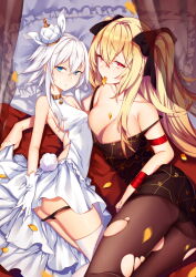 Rule 34 | absurdres, anne bonny (fate), armpits, bare shoulders, blonde hair, blue eyes, collarbone, fate/grand order, fate (series), highres, iiiroha, jewelry, long hair, mary read (fate), on bed, panties, pantyhose, pillow, rabbit tail, red eyes, ring, short hair, tail, torn clothes, torn pantyhose, twintails, underwear, white hair