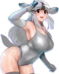Rule 34 | 1girl, arm up, armpits, bearded seal (kemono friends), blush, breasts, covered navel, detached sleeves, elbow gloves, female focus, gloves, grey gloves, grey hair, grey one-piece swimsuit, highres, kemono friends, large breasts, leaning forward, long hair, looking at viewer, one-piece swimsuit, open mouth, red eyes, salute, shibori kasu, swimsuit, tail, thighhighs, thighs, white background