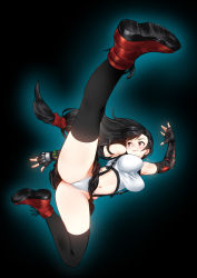 Rule 34 | 1girl, absurdres, armor, ass, bad id, bad pixiv id, bare shoulders, black background, black hair, black skirt, black thighhighs, blush, boots, breasts, closed mouth, commentary request, earrings, elbow pads, final fantasy, final fantasy vii, final fantasy vii remake, fingerless gloves, fingernails, full body, gloves, gradient background, highres, jewelry, kicking, lips, long hair, low-tied long hair, midriff, miniskirt, navel, panties, red eyes, simple background, skirt, sleeveless, smile, solo, square enix, stomach, suspender skirt, suspenders, tabobox, tank top, thighhighs, thighs, tifa lockhart, underwear, white panties