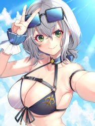 Rule 34 | 1girl, alternate costume, armpit crease, armpits, bikini, blue sky, breasts, cleavage, closed mouth, cloud, commentary, crossed bangs, day, eyewear on head, front-tie bikini top, front-tie top, green eyes, hair between eyes, halterneck, highres, hololive, large breasts, looking at viewer, mikan (chipstar182), outdoors, shirogane noel, shirogane noel (summer 2020), short hair, sidelocks, silver hair, sky, smile, solo, standing, sunglasses, sunlight, swimsuit, upper body, v, virtual youtuber, wrist cuffs