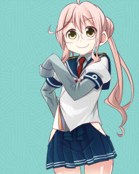 Rule 34 | 1girl, ahoge, blue background, brown hair, collared shirt, cosplay, cowboy shot, glasses, hakama, hakama short skirt, hakama skirt, hand on own hip, hip vent, japanese clothes, kantai collection, long sleeves, looking at viewer, makigumo (kancolle), neckerchief, necktie, no panties, ooyodo (kancolle), ooyodo (kancolle) (cosplay), pink hair, pleated skirt, sailor collar, shirt, simple background, skirt, sleeves past wrists, smile, solo, twintails, yamaarashit