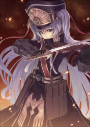 Rule 34 | 10s, 1girl, altair (re:creators), armor, bad id, bad pixiv id, belt, buttons, closed mouth, double-breasted, embers, faulds, gauntlets, gun, hat, holding, holding gun, holding sword, holding weapon, long hair, looking at viewer, military, military uniform, peaked cap, re:creators, red eyes, rifle, ryuinu, silver hair, solo, standing, sword, two side up, uniform, very long hair, weapon