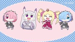 Rule 34 | 4girls, :3, :d, :p, :q, :|, animal ears, animated, artist name, audible music, audible speech, beatrice (re:zero), blonde hair, blue eyes, blue hair, blue ribbon, blunt bangs, braid, breasts, capelet, chibi, chinese commentary, claw pose, cloak, closed mouth, commentary request, crown, dancing, detached sleeves, drill hair, emilia (re:zero), fake animal ears, flower, french braid, frilled ribbon, frills, full body, fur trim, ga zhu tiantang, grey hair, hair flower, hair ornament, hair over one eye, hair ribbon, halftone, halftone background, highres, himouto! umaru-chan, hood, hood up, hooded cloak, hungry, long hair, long sleeves, looking away, looking to the side, maid, mansion, market, medium breasts, mini crown, multiple girls, one eye closed, open mouth, parody, pink hair, pink ribbon, pointy ears, ram (re:zero), re:zero kara hajimeru isekai seikatsu, red eyes, rem (re:zero), ribbon, roswaal mansion maid uniform, short hair, siblings, sisters, smile, sound, standing, symbol-shaped pupils, tagme, tongue, tongue out, twin drills, twins, twintails, video, watermark, wavy mouth, white legwear, x hair ornament