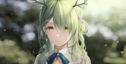 Rule 34 | 1girl, absurdres, antlers, blurry, blurry background, braid, braided bangs, branch, ceres fauna, earrings, flower, green hair, green neckwear, green ribbon, hair flower, hair ornament, highres, hololive, hololive english, horns, jewelry, long hair, looking at viewer, mole, mole under eye, ribbon, single braid, smile, solo, virtual youtuber, yellow eyes