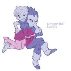 Rule 34 | 1boy, 1girl, ;d, black eyes, black hair, boots, bulma, copyright name, couple, crossed arms, dragon ball, dragonball z, dress, expressionless, hetero, high heels, holding hands, hug, hug from behind, looking away, na (mu33), one eye closed, open mouth, short hair, simple background, smile, vegeta, white background