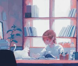 Rule 34 | 1girl, :o, book, book stack, bookshelf, bottle, breasts, cat, closed eyes, earrings, highres, holding, holding pen, indoors, jewelry, long sleeves, looking at animal, medium breasts, open book, original, parted lips, pen, pen holder, plant, red eyes, red hair, saisho (qpoujr), shirt, short hair, sitting, solo, tail raised, water bottle, white cat, white shirt