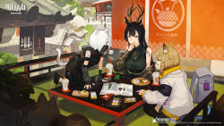 Rule 34 | 3girls, animal ear fluff, animal ears, antlers, architecture, arknights, arm support, asymmetrical gloves, backpack, bag, black gloves, black hair, black legwear, black mask, black pants, black shirt, blue eyes, breasts, brown eyes, brown hair, building, closed eyes, company name, copyright name, covering own mouth, cup, dango, deer antlers, deer ears, deer girl, drinking straw, east asian architecture, elbow gloves, fang, fingerless gloves, fishnet sleeves, fishnets, food, food request, gloves, green sweater, hair ornament, hair over one eye, hairclip, hand over own mouth, highres, horns, jewelry, kitsune (kazenouta), large breasts, long hair, mask, mouth mask, multiple girls, open mouth, outdoors, pants, people, ribbed sweater, shirayuki (arknights), shirt, short hair, sidelocks, sitting, socks, stoat girl, sweater, table, tail, tsukinogi (arknights), unworn backpack, unworn bag, utage (arknights), wagashi, wariza, watermark, weasel ears, weasel tail, white hair, x hair ornament