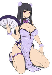 Rule 34 | 1girl, black hair, blunt bangs, breasts, cleavage cutout, clothing cutout, covered navel, dress, folding fan, hand fan, highres, holding, holding fan, houtengeki, large breasts, long hair, looking at viewer, nail polish, original, pelvic curtain, purple eyes, purple nails, side slit, sidelocks, simple background, sitting, solo, white background