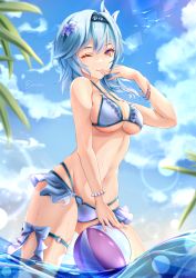 Rule 34 | 1girl, ;), absurdres, ball, bare arms, bare shoulders, beachball, bead bracelet, beads, bikini, black hairband, blue bikini, blue flower, blue hair, blue sky, bracelet, breasts, cloud, commentary request, cowboy shot, day, eula (genshin impact), flower, genshin impact, hair flower, hair ornament, hairband, highres, jewelry, lens flare, looking at viewer, medium breasts, navel, o-ring, one eye closed, outdoors, short hair, sky, smile, solo, standing, stomach, swimsuit, thigh strap, thighs, wading, water, wuke euco, yellow eyes